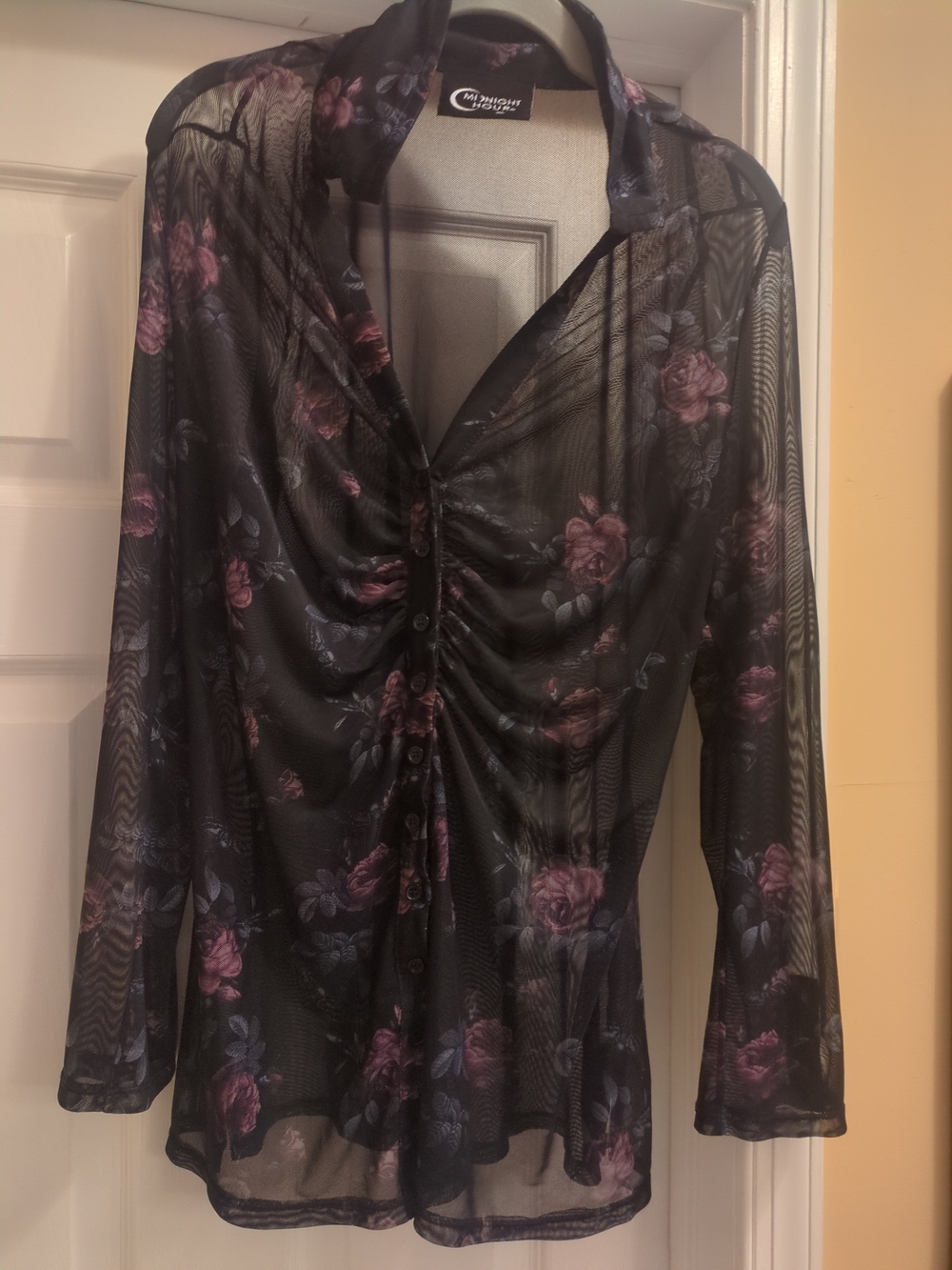 Midnight Velvet Black Sheer Button-Front Blouse with Purple Floral XL